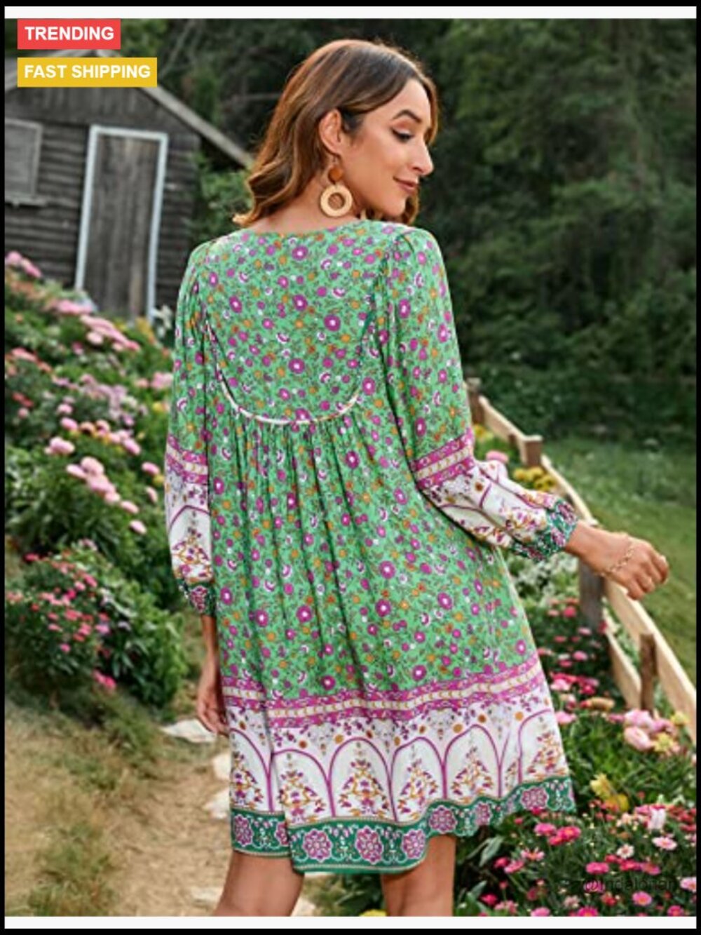 V Neck 3/4 Sleeve Floral Print Babydoll Dress with Pockets - Picture 5 of 7